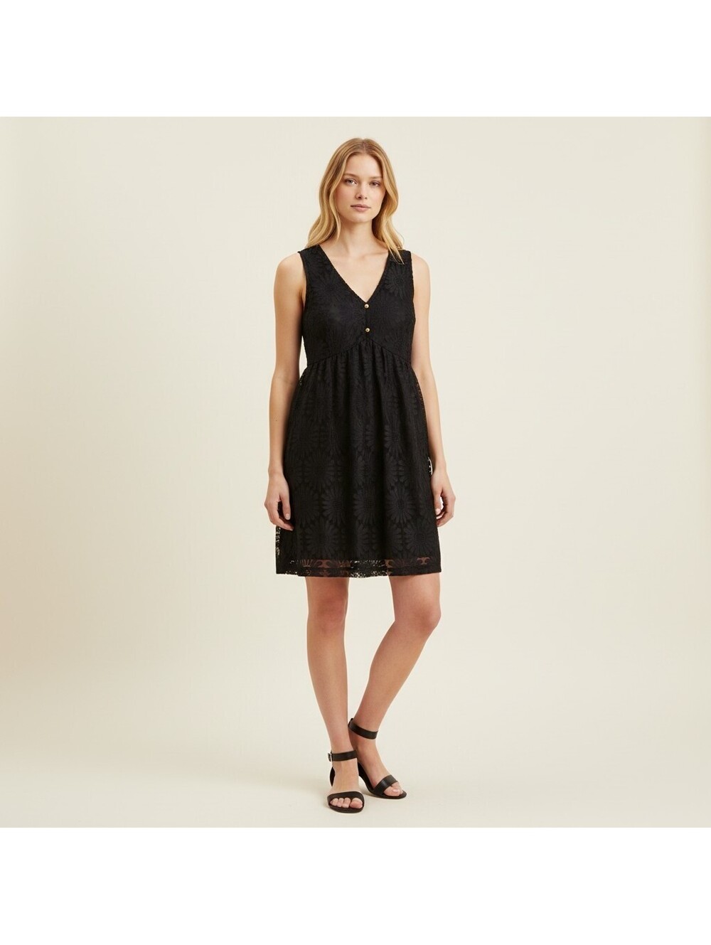 Unbranded Dress Women L Large Black Floral Crochet Sheath Short V-Neck Button